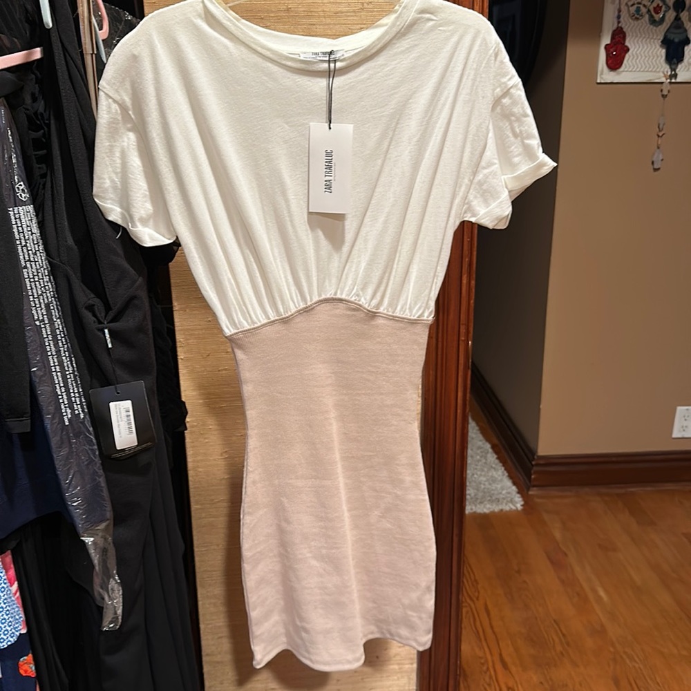 Zara Trafaluc ribbed body con dress white taupe NWT Small s